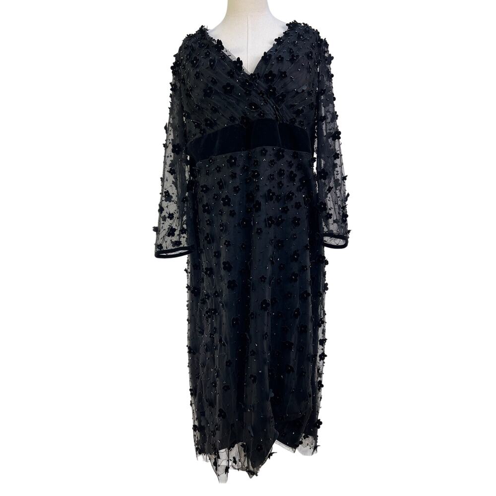 Mac Duggal Embellished V Neck Long Sleeve Midi Dress Black
